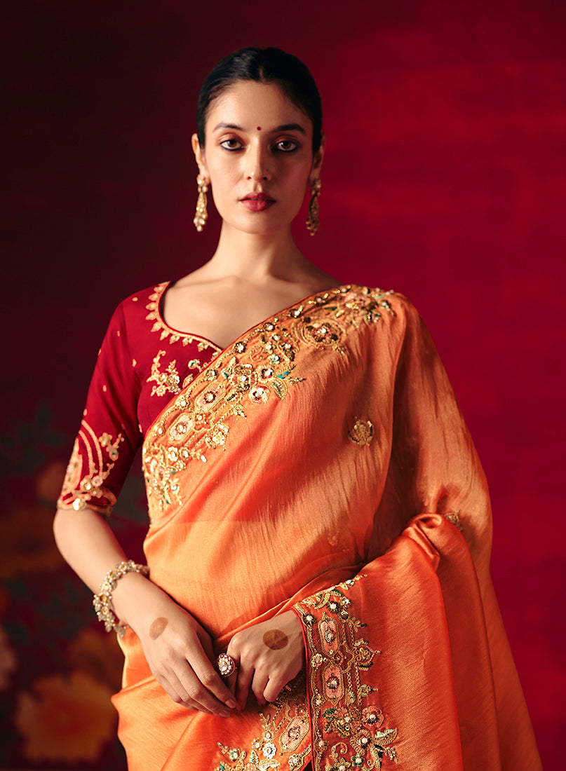 Monjolika Fashion Rust Fancy Fabric Embroidered Thread Work Classic Saree - Distacart