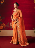Thumbnail for Monjolika Fashion Rust Fancy Fabric Embroidered Thread Work Classic Saree - Distacart