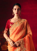 Thumbnail for Monjolika Fashion Rust Fancy Fabric Embroidered Thread Work Classic Saree - Distacart