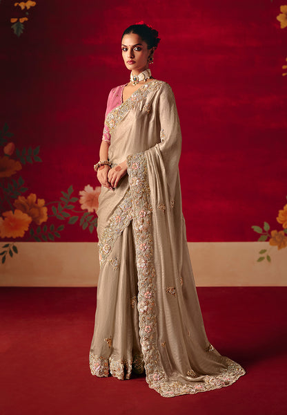 Monjolika Fashion Beige Fancy Fabric Embroidered Thread Work Classic Saree - Distacart
