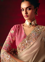 Thumbnail for Monjolika Fashion Beige Fancy Fabric Embroidered Thread Work Classic Saree - Distacart