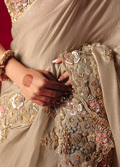 Monjolika Fashion Beige Fancy Fabric Embroidered Thread Work Classic Saree - Distacart