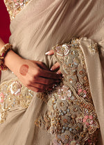 Thumbnail for Monjolika Fashion Beige Fancy Fabric Embroidered Thread Work Classic Saree - Distacart