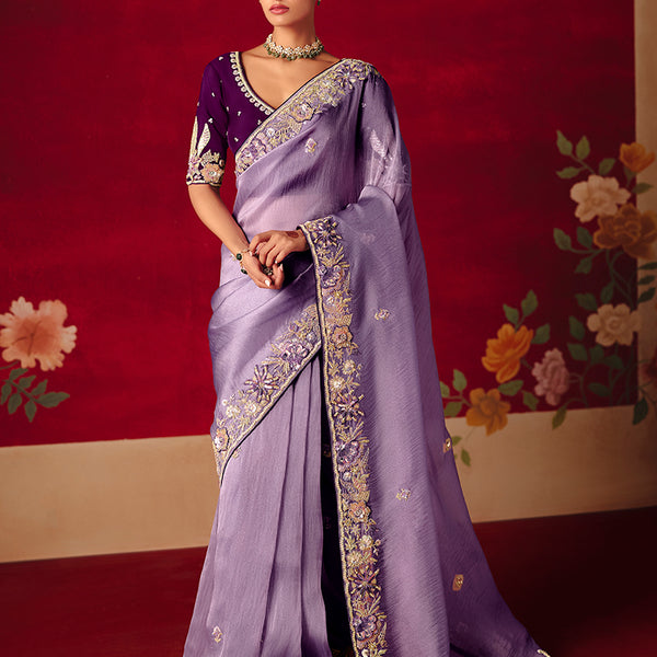 Monjolika Fashion Lavender Fancy Fabric Embroidered Thread Work Classic Saree - Distacart