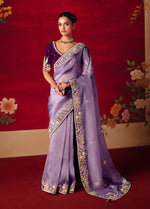 Thumbnail for Monjolika Fashion Lavender Fancy Fabric Embroidered Thread Work Classic Saree - Distacart