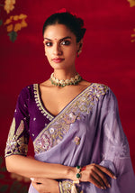 Thumbnail for Monjolika Fashion Lavender Fancy Fabric Embroidered Thread Work Classic Saree - Distacart