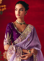 Thumbnail for Monjolika Fashion Lavender Fancy Fabric Embroidered Thread Work Classic Saree - Distacart