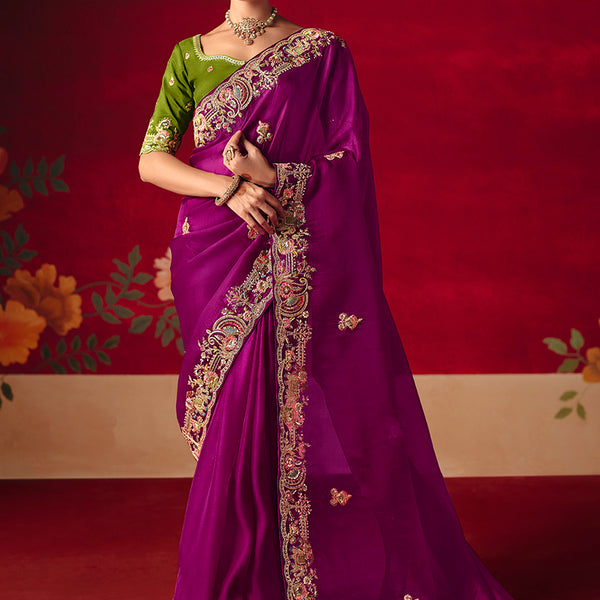 Monjolika Fashion Purple Fancy Fabric Embroidered Thread Work Classic Saree - Distacart