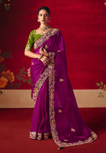 Thumbnail for Monjolika Fashion Purple Fancy Fabric Embroidered Thread Work Classic Saree - Distacart