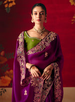Thumbnail for Monjolika Fashion Purple Fancy Fabric Embroidered Thread Work Classic Saree - Distacart