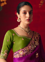 Thumbnail for Monjolika Fashion Purple Fancy Fabric Embroidered Thread Work Classic Saree - Distacart