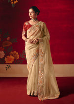 Thumbnail for Monjolika Fashion Beige Fancy Fabric Embroidered Thread Work Classic Saree - Distacart