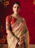 Thumbnail for Monjolika Fashion Beige Fancy Fabric Embroidered Thread Work Classic Saree - Distacart