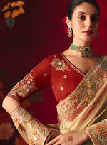 Thumbnail for Monjolika Fashion Beige Fancy Fabric Embroidered Thread Work Classic Saree - Distacart