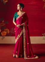Thumbnail for Monjolika Fashion Rani Pink Fancy Fabric Embroidered Thread Work Classic Saree - Distacart