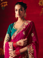 Thumbnail for Monjolika Fashion Rani Pink Fancy Fabric Embroidered Thread Work Classic Saree - Distacart