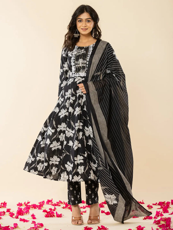 Yufta Black Cotton Sequins_Work Anarkali Kurta Dupatta Pant Set