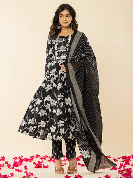 Yufta Black Cotton Sequins_Work Anarkali Kurta Dupatta Pant Set