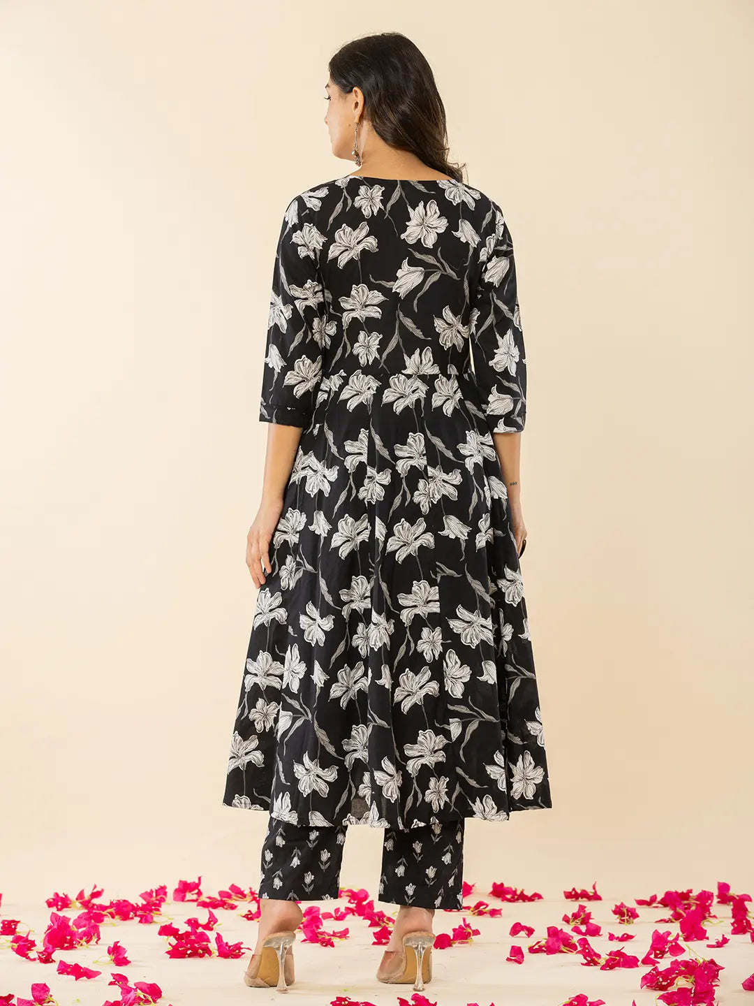 Yufta Black Cotton Sequins_Work Anarkali Kurta Dupatta Pant Set