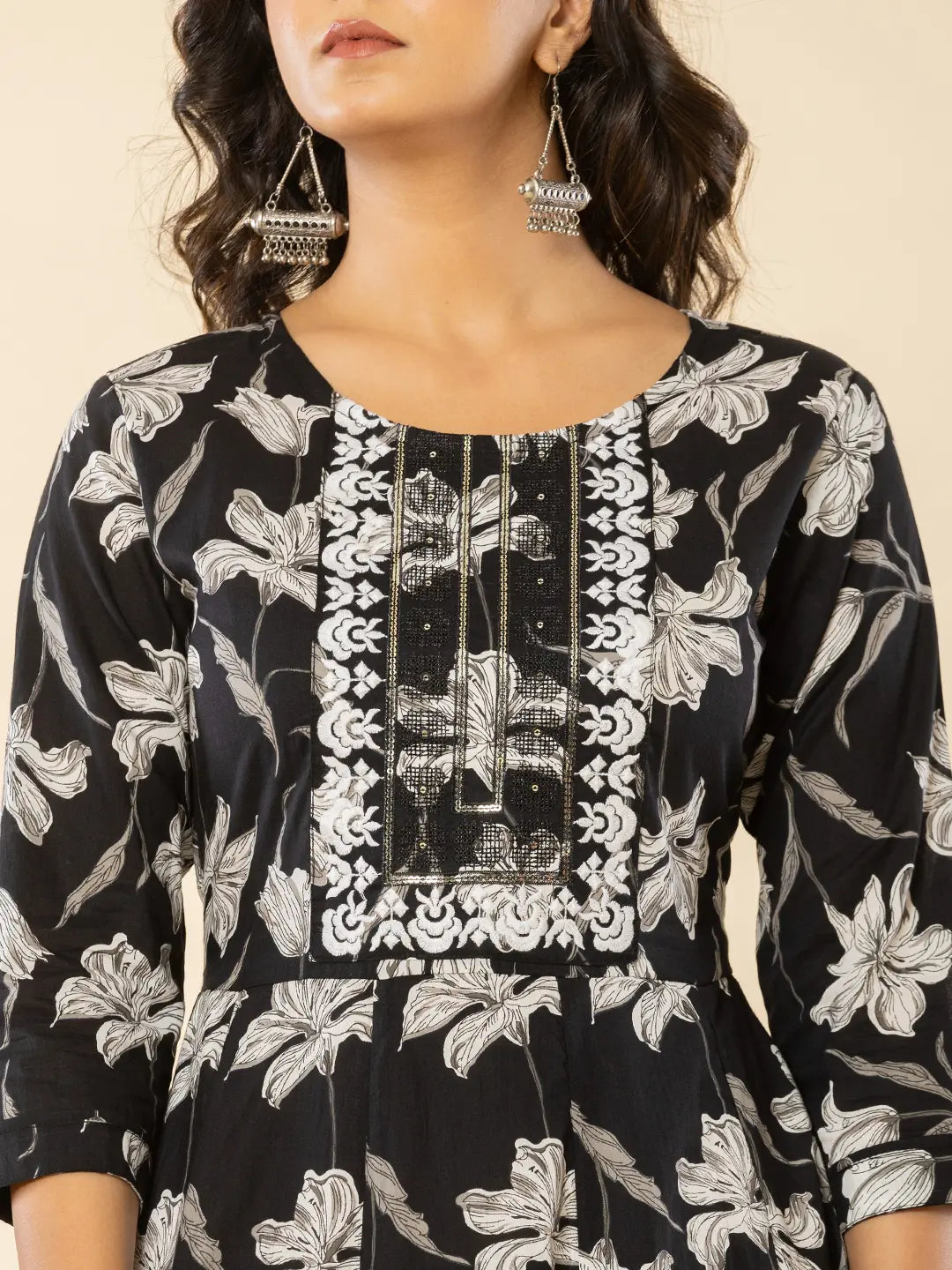 Yufta Black Cotton Sequins_Work Anarkali Kurta Dupatta Pant Set