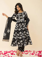 Thumbnail for Yufta Black Cotton Sequins_Work Anarkali Kurta Dupatta Pant Set