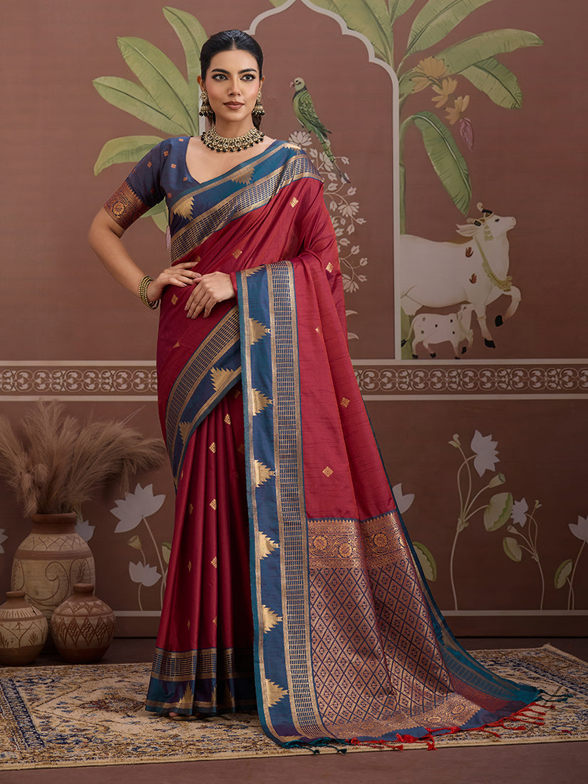 Monjolika Fashion Maroon Weaving Work Tussar Silk Festival Contemporary Saree - Distacart