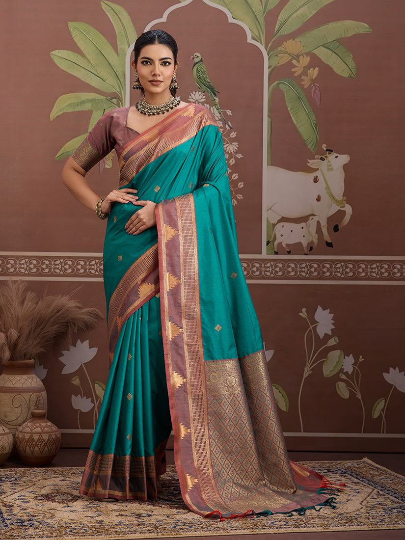 Monjolika Fashion Turquoise Weaving Work Tussar Silk Festival Contemporary Saree - Distacart