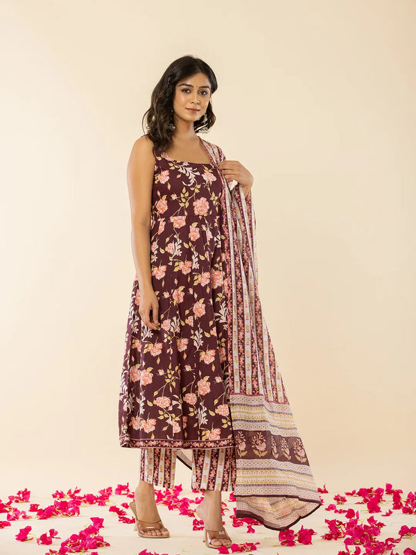 Yufta Brown Sleeveless Cotton Kurta With Dupatta Set