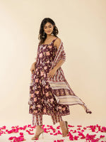 Thumbnail for Yufta Brown Sleeveless Cotton Kurta With Dupatta Set