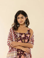 Thumbnail for Yufta Brown Sleeveless Cotton Kurta With Dupatta Set