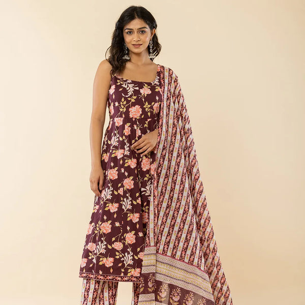 Yufta Brown Sleeveless Cotton Kurta With Dupatta Set - Distacart