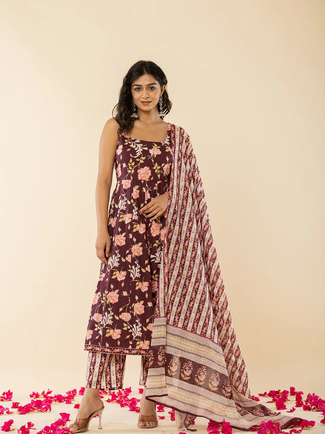 Yufta Brown Sleeveless Cotton Kurta With Dupatta Set - Distacart