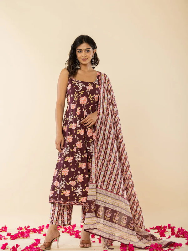 Yufta Brown Sleeveless Cotton Kurta With Dupatta Set