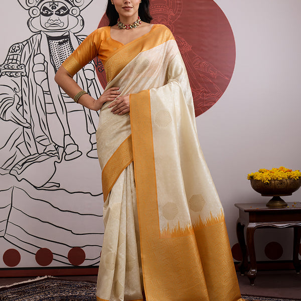Monjolika Fashion Cream And Orange Handloom Weaving Silk Blend Festival Trendy Saree - Distacart