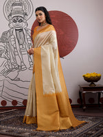 Thumbnail for Monjolika Fashion Cream And Orange Handloom Weaving Silk Blend Festival Trendy Saree - Distacart