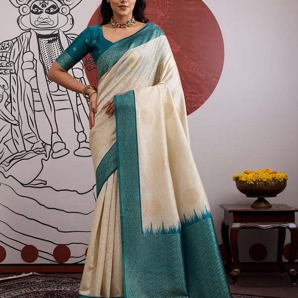 Monjolika Fashion Cream And Teal Handloom Weaving Silk Blend Festival Trendy Saree - Distacart