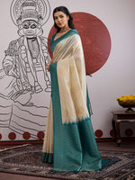 Thumbnail for Monjolika Fashion Cream And Teal Handloom Weaving Silk Blend Festival Trendy Saree - Distacart