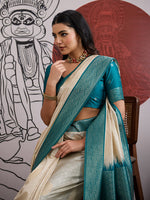 Thumbnail for Monjolika Fashion Cream And Teal Handloom Weaving Silk Blend Festival Trendy Saree - Distacart