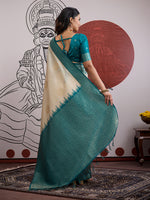 Thumbnail for Monjolika Fashion Cream And Teal Handloom Weaving Silk Blend Festival Trendy Saree - Distacart