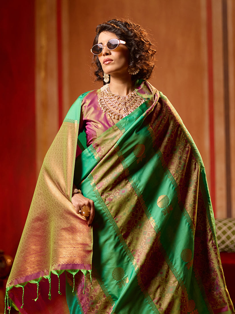 Monjolika Fashion Multi Colour Handloom Silk Blend Contemporary Saree With Weaving Work - Distacart