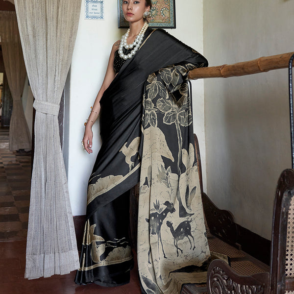 Monjolika Fashion Satin Printed Black Casual Saree - Distacart