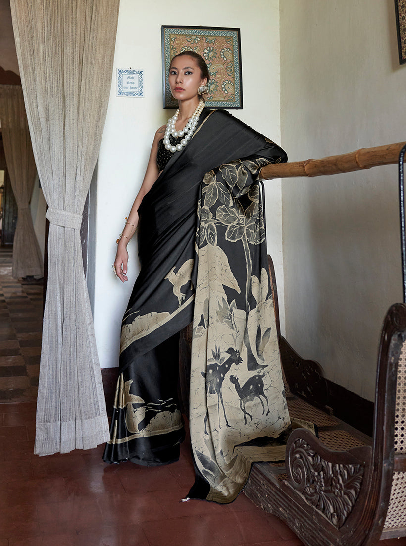 Monjolika Fashion Satin Printed Black Casual Saree - Distacart