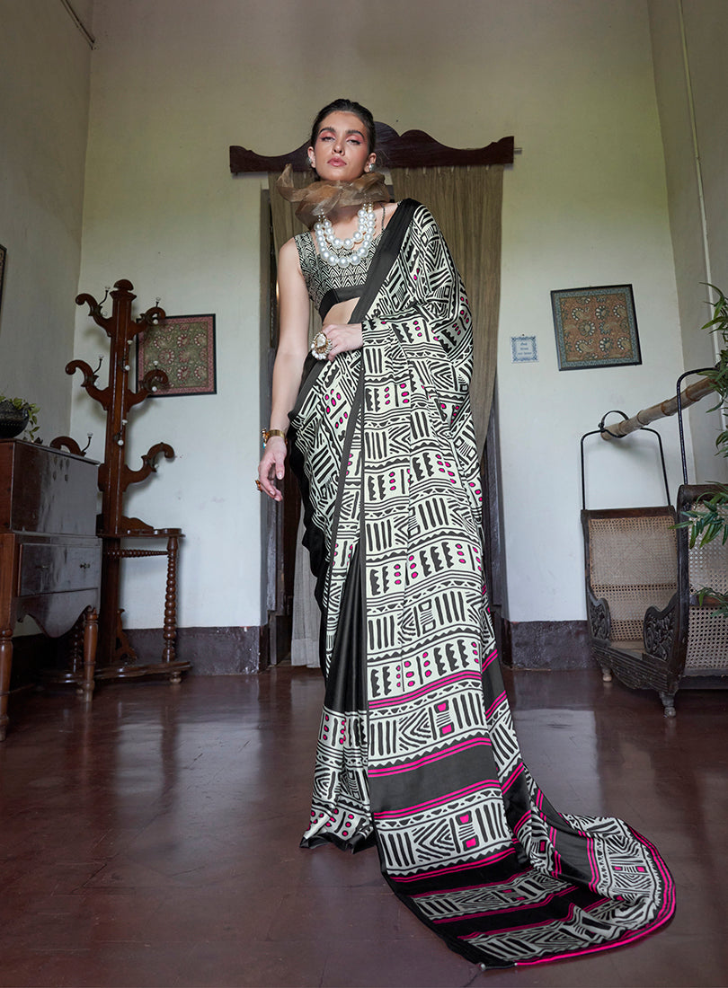 Monjolika Fashion Satin Printed Multicolor Casual Saree - Distacart