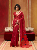 Thumbnail for Monjolika Fashion Red Handloom Cotton Blend Weaving Classic Saree - Distacart