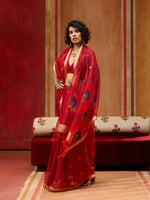 Thumbnail for Monjolika Fashion Red Handloom Cotton Blend Weaving Classic Saree - Distacart