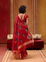 Thumbnail for Monjolika Fashion Red Handloom Cotton Blend Weaving Classic Saree - Distacart