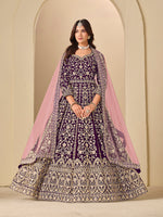 Thumbnail for Monjolika Fashion Velvet Embroidered Purple Engagement Wear Anarkali Suit - Distacart