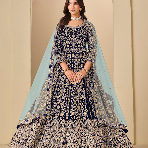 Monjolika Fashion Velvet Embroidered Navy Blue Engagement Wear Anarkali Suit - Distacart