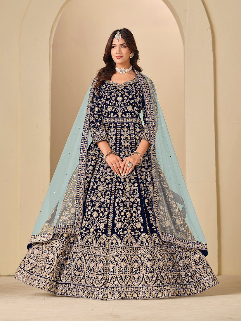 Monjolika Fashion Velvet Embroidered Navy Blue Engagement Wear Anarkali Suit - Distacart