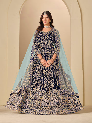 Monjolika Fashion Velvet Embroidered Navy Blue Engagement Wear Anarkali Suit - Distacart